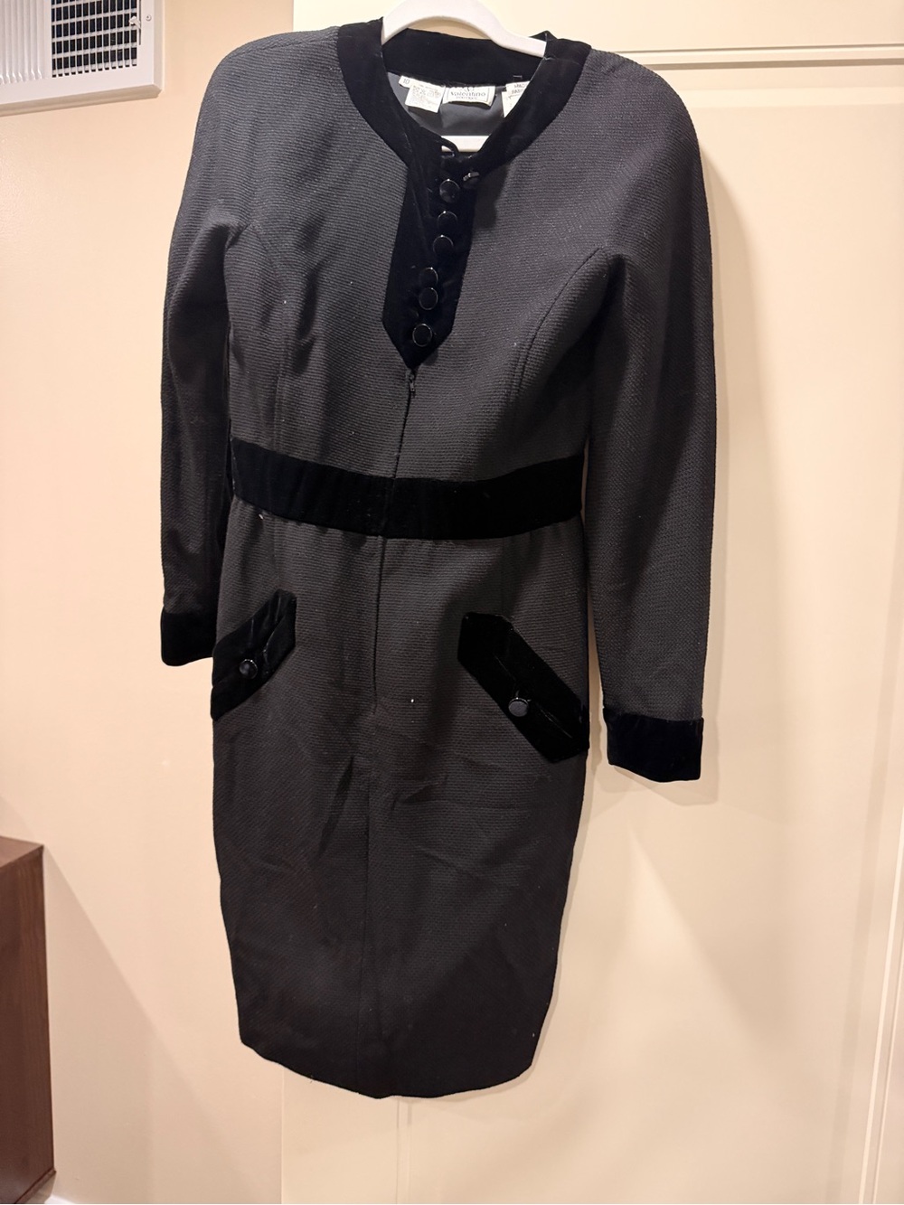 Valentino Black and Charcoal Midi Dress with Velvet Trim